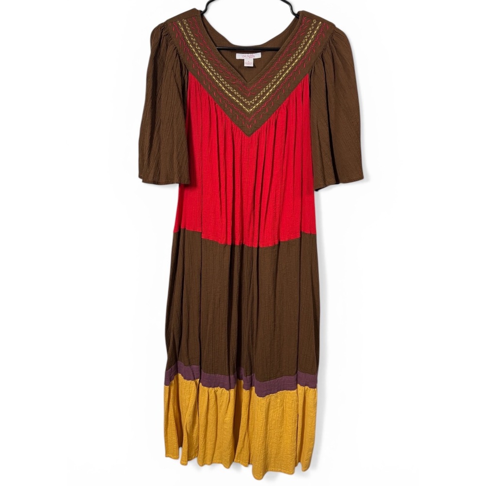 Go Softly Patio‎ Womens Brown Red Cotton Gauze Embroidered Dress Small India